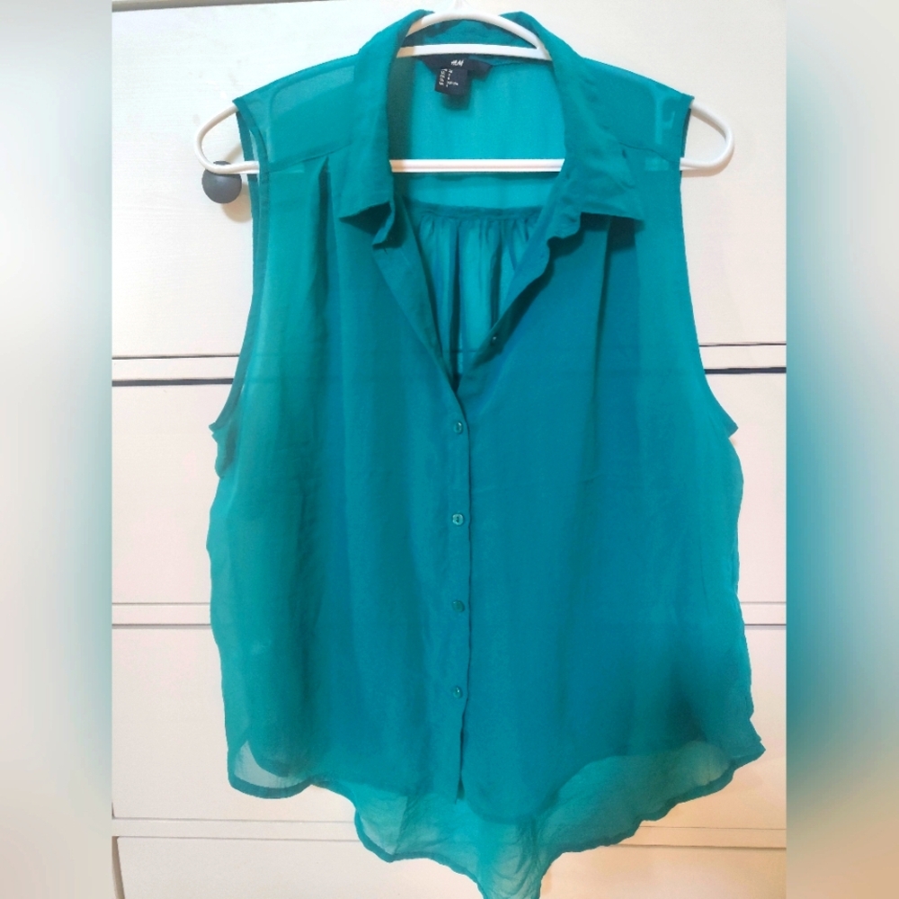 H&M Turquoise Sleeveless Satin-like Collard Blouse